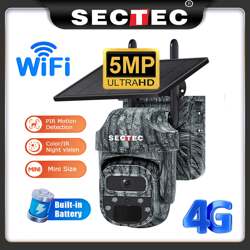 SECTEC Solar Camera 4G SIM/WIFI Wireless Security Outdoor 5MP PIR Motion Detection Camouflage Mini Solar Battery PTZ Camera