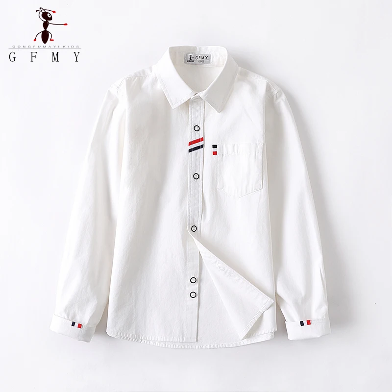 GFMY Children Shirts Cotton 100% Solid Color Full-sleeved Kids Boy\'s White Blue Shirts Clothing For 4-12 Years Wear in School