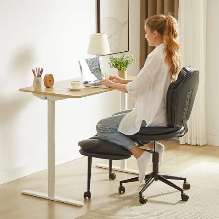 ADHD cross-legged office chair for focus and posture support, made of breathable mesh and durable steel, black with ergonomic d
