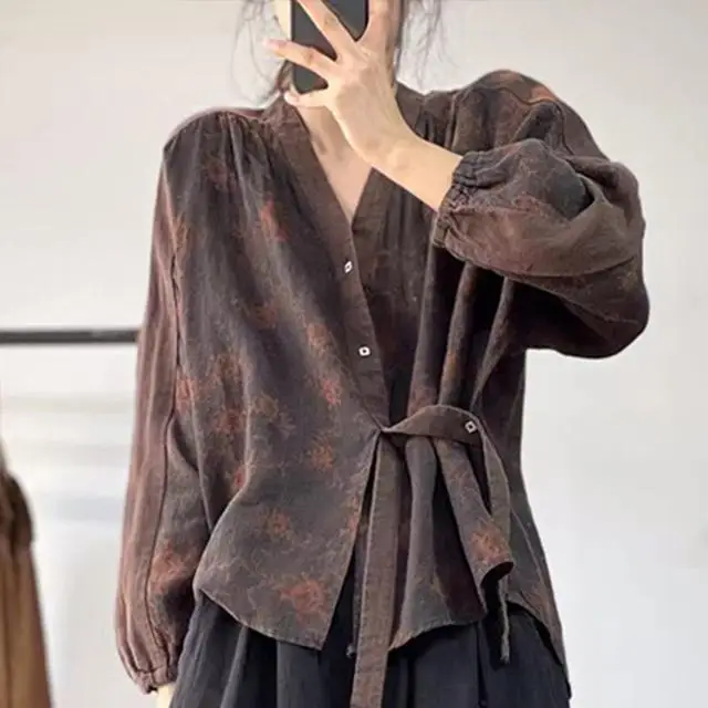 

Cotton Linen Printed Shirt for Women Plus Size Chinese Style Loose V-neck Top for Women With Long Sleeves Fashion New Qipao Tops