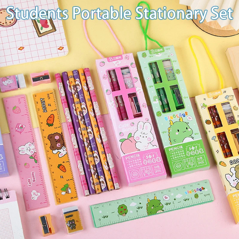 5 In 1 Stationery Set Primary School Children Learning Gift Box Pencils Kindergarten Birthday Gift Prizes Study Stationery Set