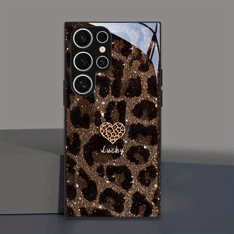 Coque de téléphone en verre trempé noir à motif léopard avec centre doré, charme exceptionnel, pour 25/S24/S23/S22/S21/S20/Note 20/A04/A05/A10