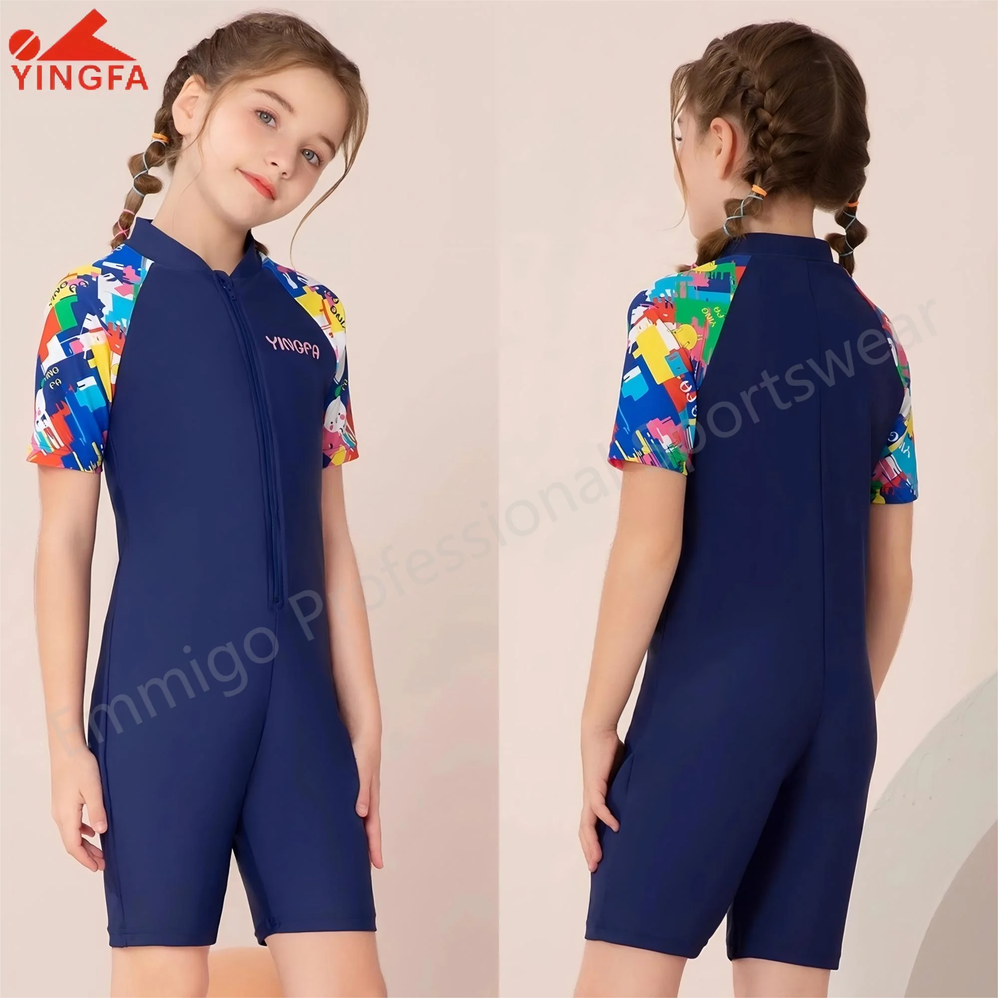 

Yingfa Girl's Professional Training Swimsuit Short Sleeve Hot Spring Swimsuit Upf50+ Sun Protection Rush Guard For Kids Girl