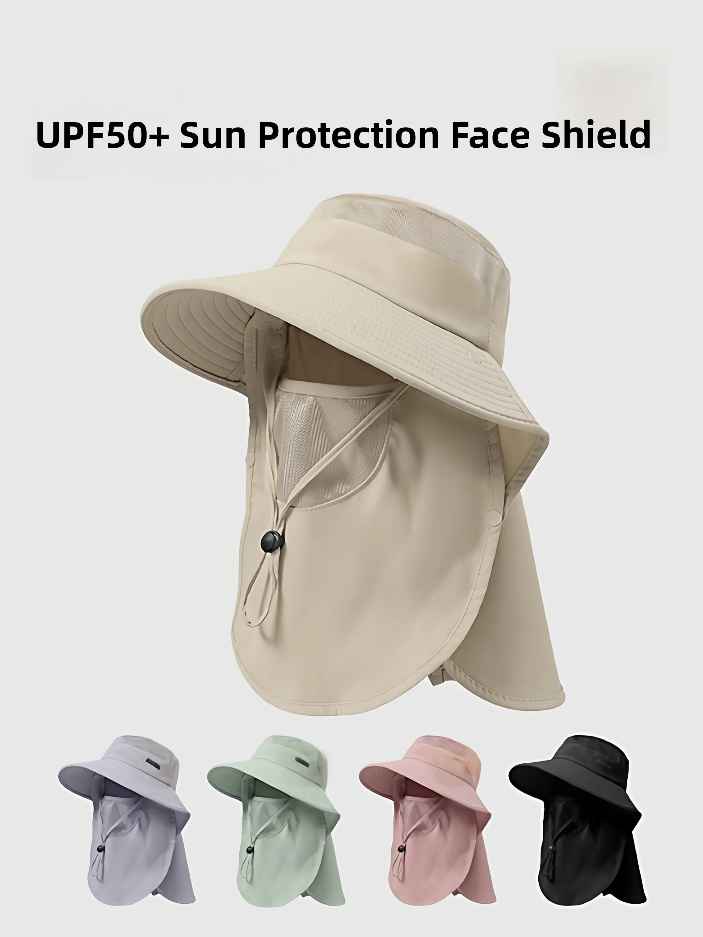Women's Summer UV Protection Sun Hat Wide Brim Integrated Face Covering Tea Picking Cap Adjustable round Top Polyester