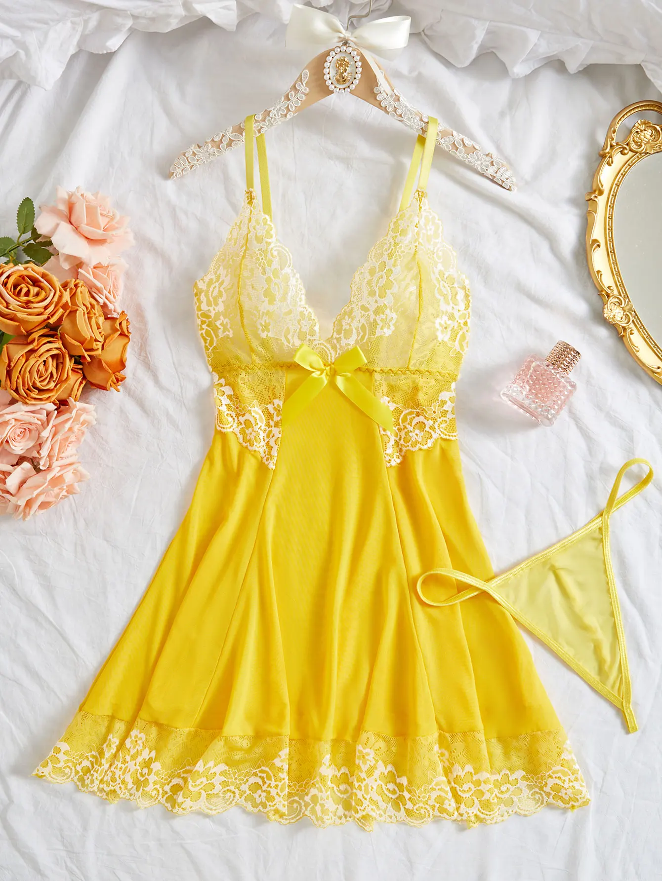 Yellow Transparent Lace Nightgown 2-piece Set Low Cut V-neck Sexy Home Clothes Pajamas Romantic Bow Sleeveless Lover Date Dress