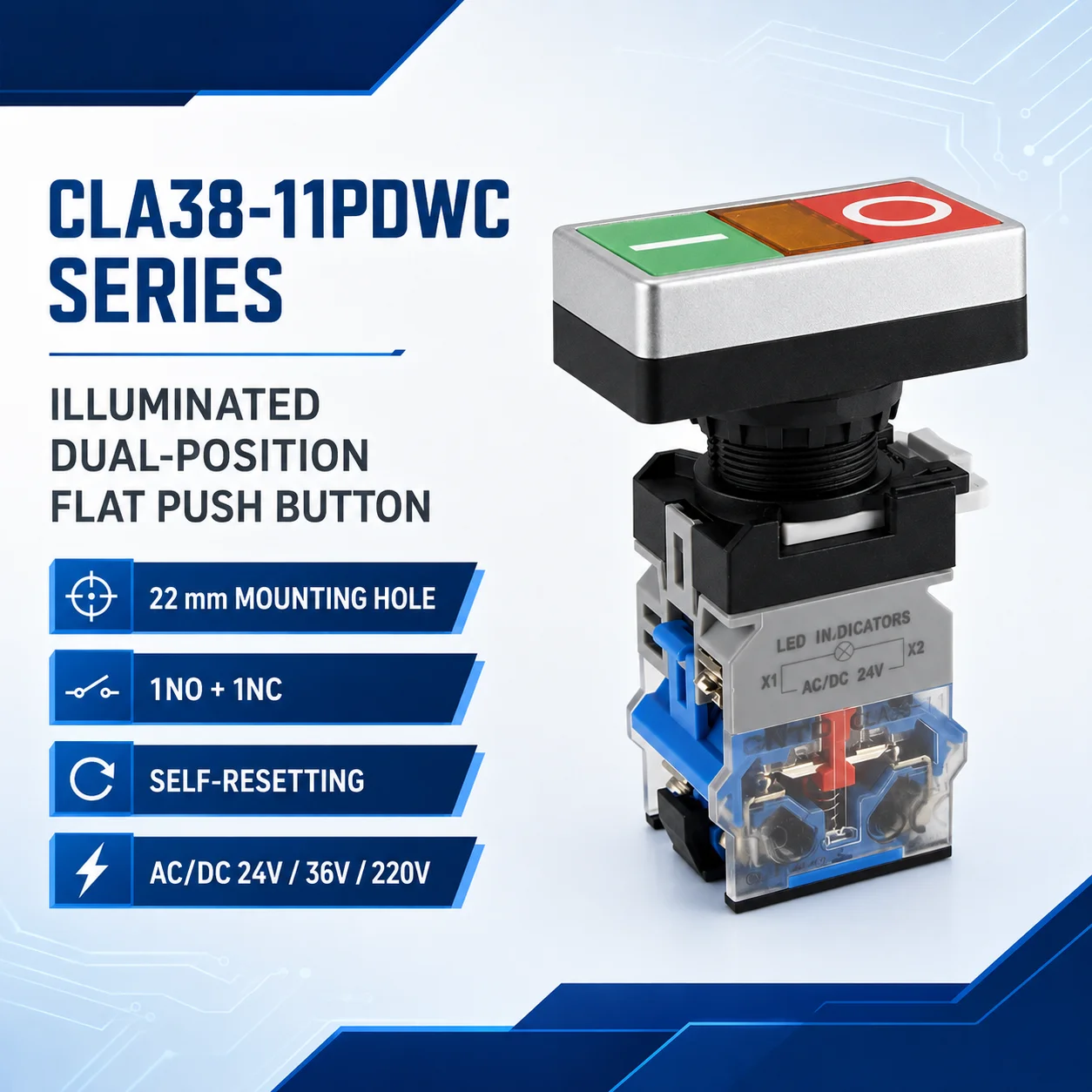 CNTD illuminated dual-position flat Push button Switch CLA38‑11PDW, E‑Stop Button with Indicator Light, Momentary Reset