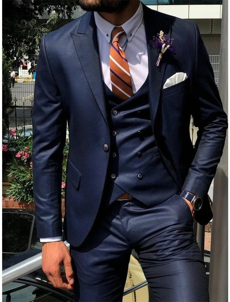 Traje azul oscuro de 3 piezas ajustado a la moda para hombre, esmoquin para novio, boda, graduación, boda, traje hecho a medida para hombre, traje para boda