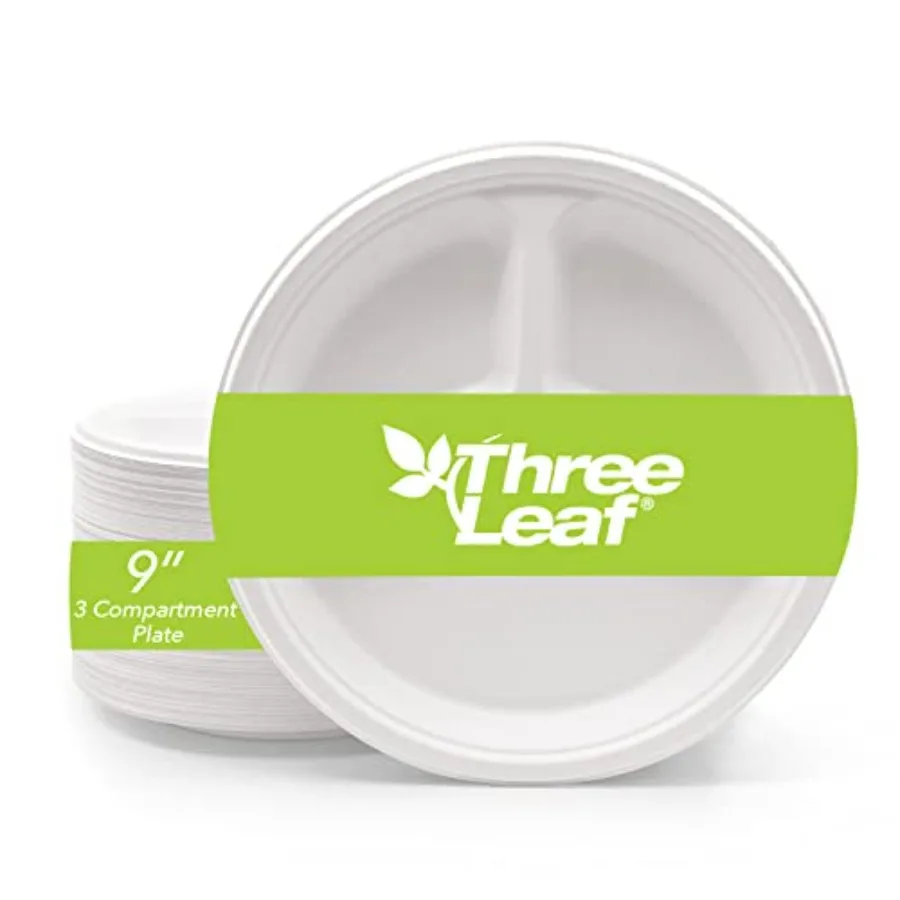 Bagasse Plates and Trays Heavy-Duty, Super Strong, Natural, Eco-Friendly, % Biodegradable - Round Plate - 3 Compartment - 9