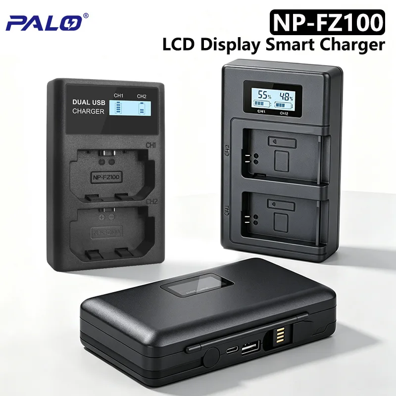 PALO NP-FZ100 NP FZ100 2-Slot LCD Display Battery Charger for Sony FX30, A9M2, A7S3, A7R5, A7R IV, Alpha A7III, A6600 Camera Bat