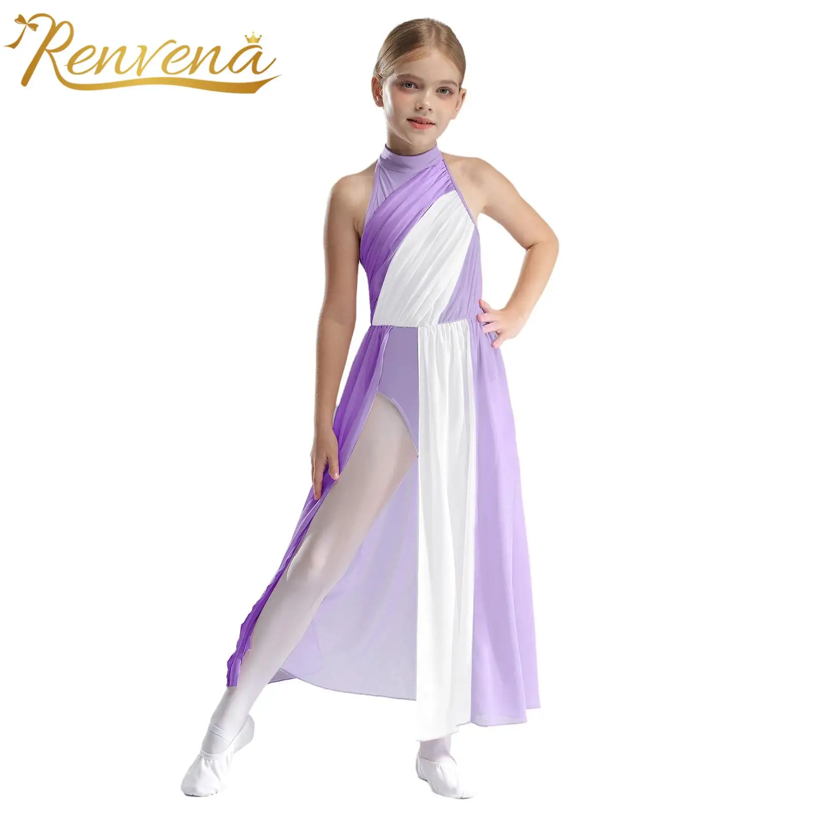 

Kids Girl Ballet Ice Skating Lyrical Dance Dress Outfits Mesh Split Gymnastics Leotard with Skirt Contemporary Dance Costume