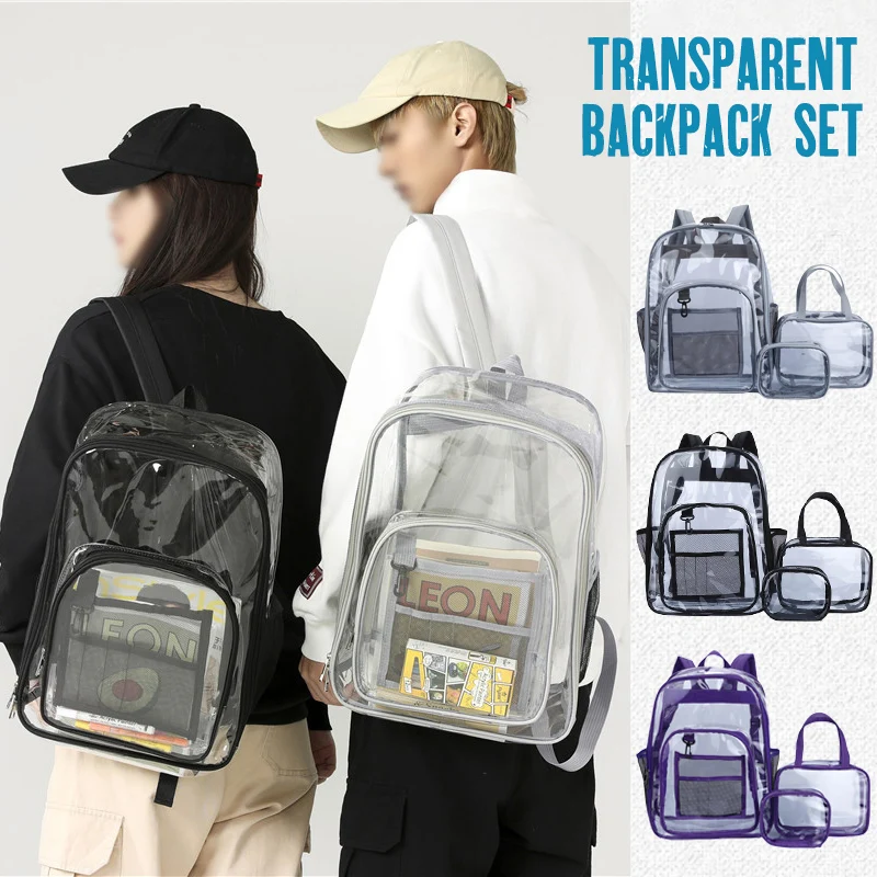 

Transparent Pvc Backpack Set Large Capacity School Bag Clear Travel Handbag Student Study Bag Outdoor Short Travel