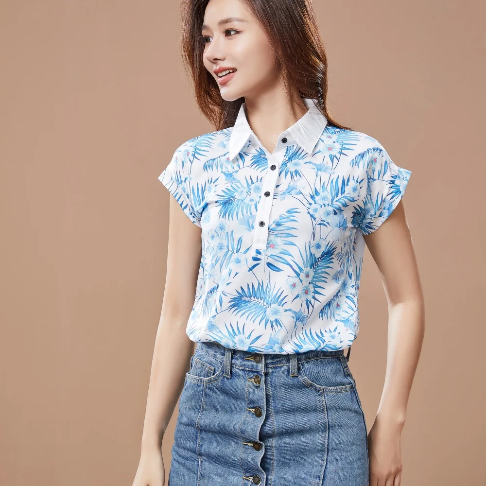 Women Spring Summer Style Blouses Shirt Lady Casual Short Sleeve Turn-down Collar Printed Casual Loose Tops