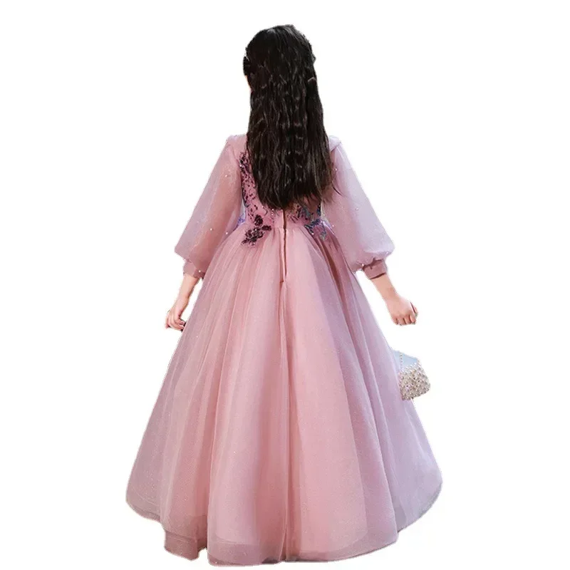 

Long sleeved children's princess spring new flower girl wedding, super fairy fluffy evening dress, hosting piano