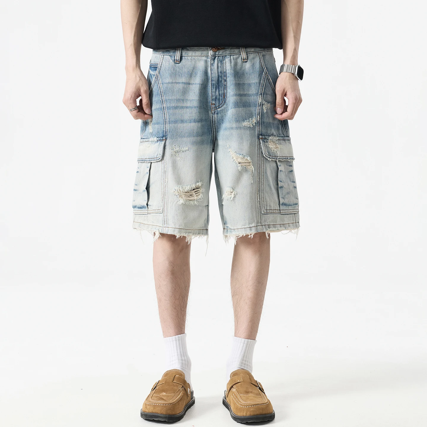 Denim Jorts Men Summer Streetwear Fashion Loose Casual Broken Denim Ripped Cargo Shorts Baggy Jeans Pants  Plus Size Short Jeans