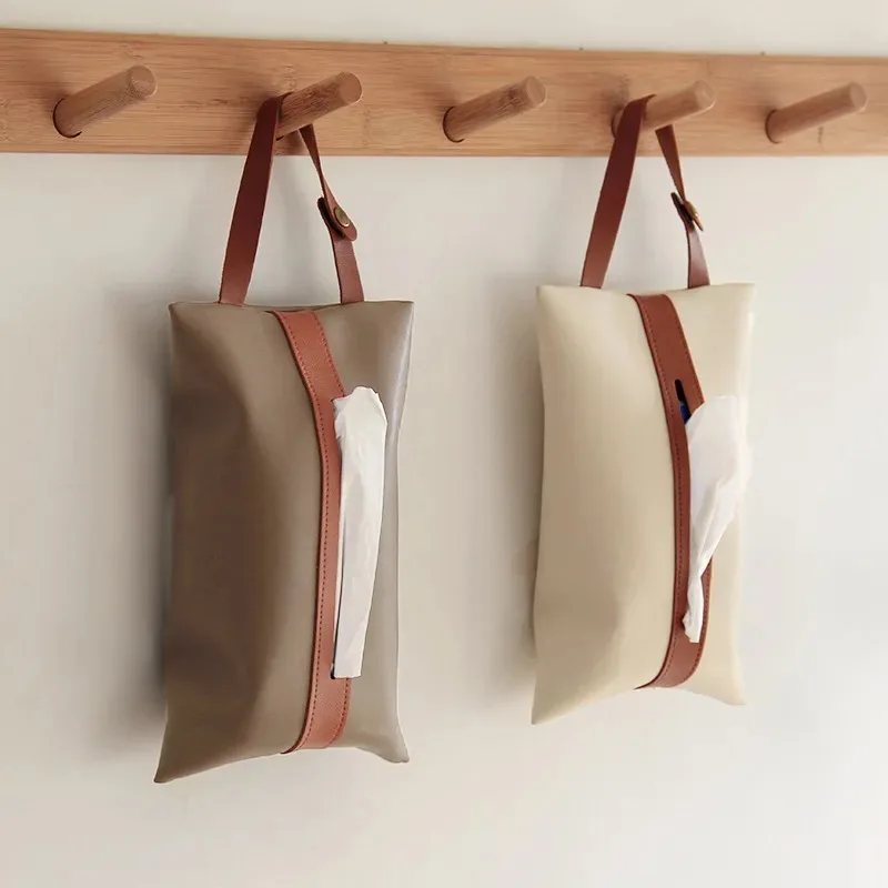 Simple Color Matching Bag Car Tissue Box Pumping Box Hanging Decorative Tissue Cover Leather Tissue Box