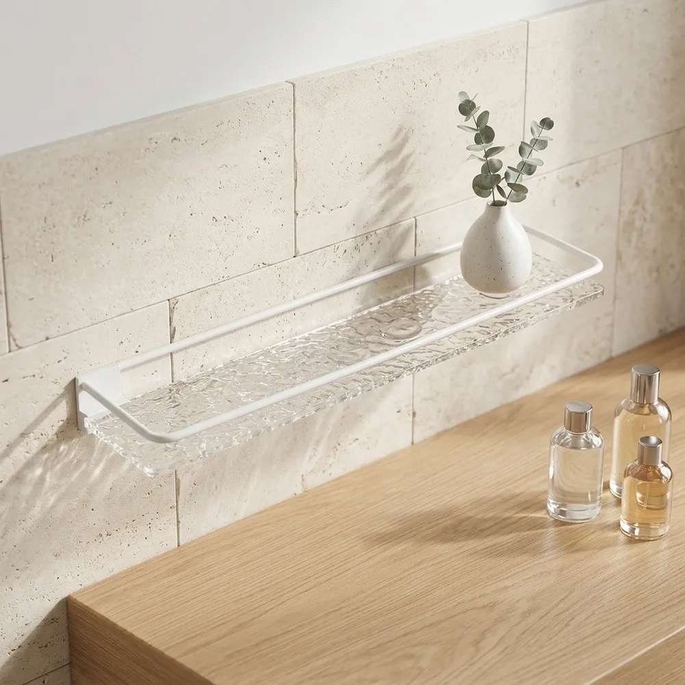 Bathroom Cosmetics Shelf with Stainless Steel Railing - 30 cm Tempered Glass Floating Tray No Drilling Space Efficient Design