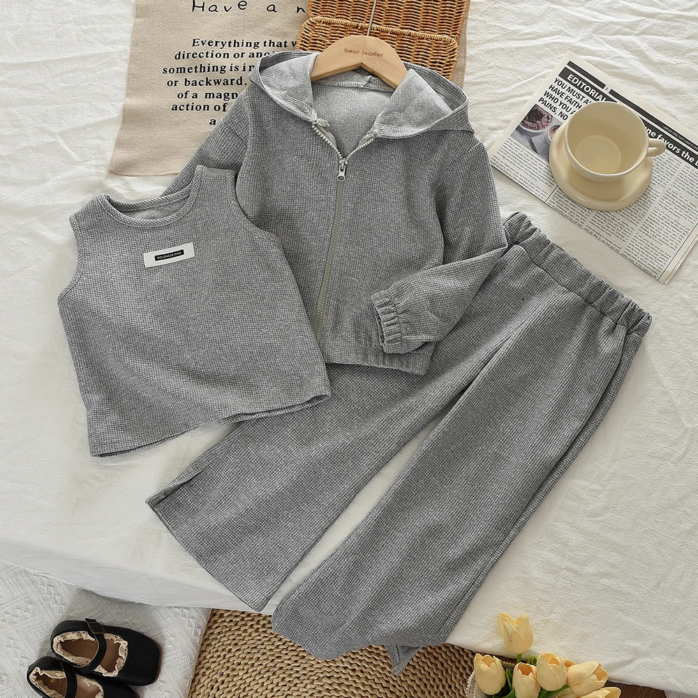 Korean Version Plain Casual Sports Children's Sets Spring Autumn Gray Girls Clothes Long Sleeved Hooded Sweatshirt+Vest+Pants