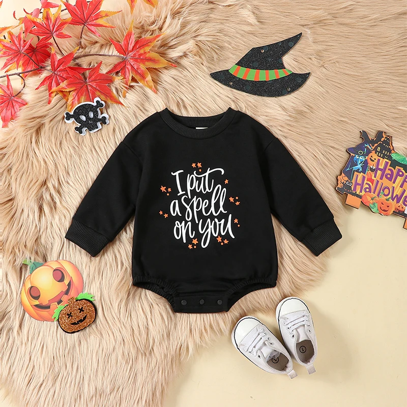 

Cute Baby Halloween Costume with Pumpkin Spider Bat Print Round Neck Long Sleeve Jumpsuit Toddler Outfit for Fall