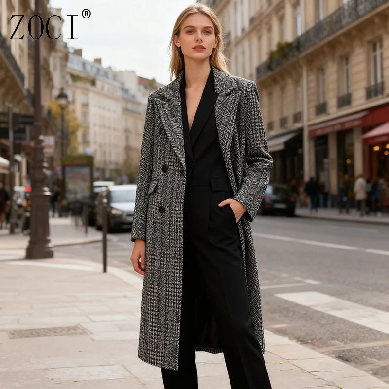 

ZOCI Elegant Woolen Coats For Women Long Coat Double-breasted Plaid Overcoats Female Fashion Design Trench Coat 2025 Winter New