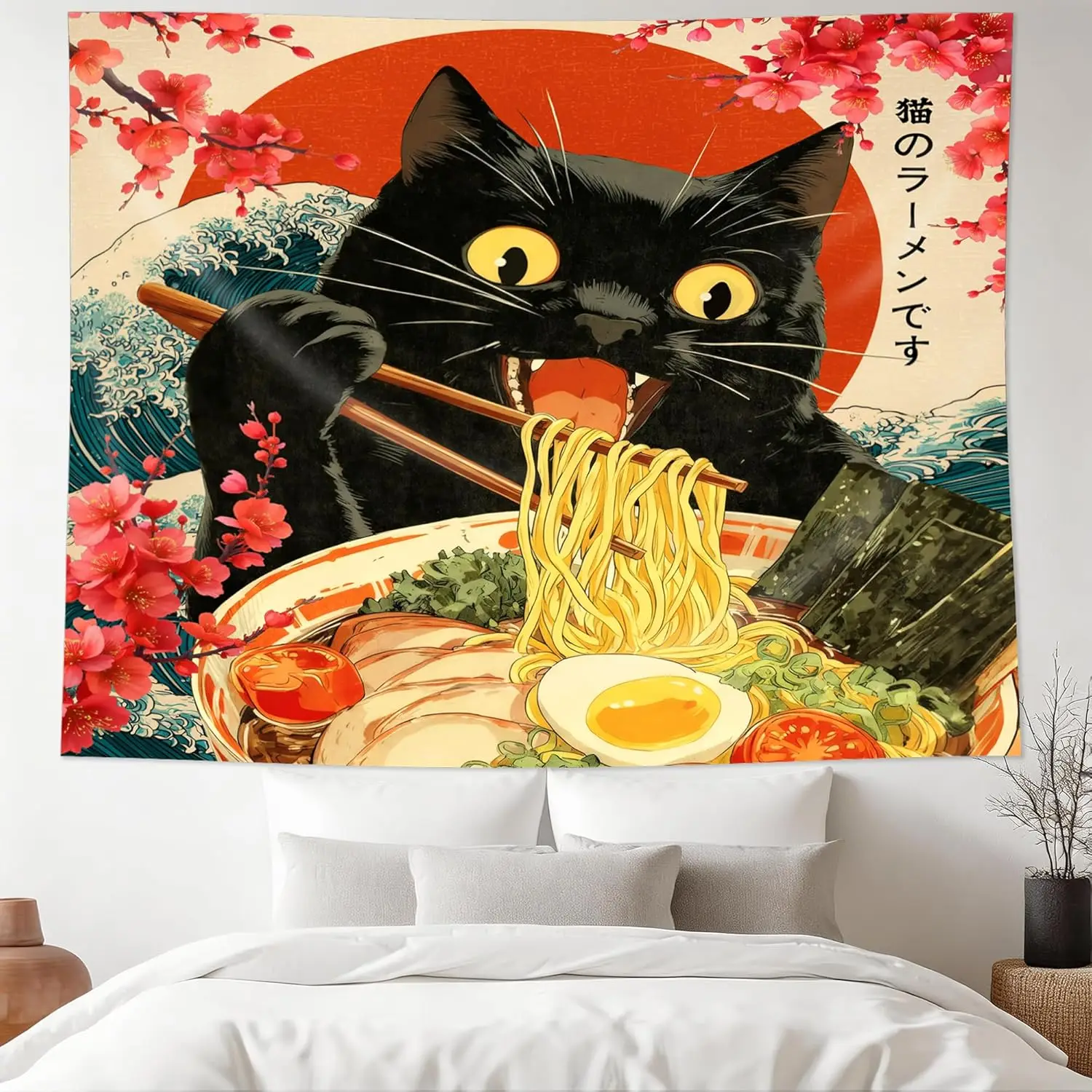 Funny Black Cat Tapestry Japanese Anime Eat Noodles Vintage Cool Stunning Ocean Wave Sunset Floral Wall Hanging Modern Cute