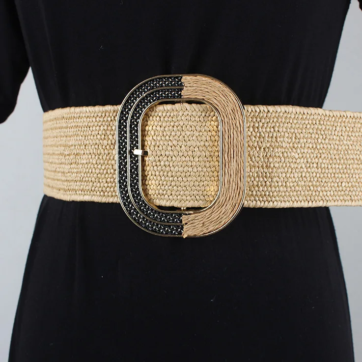 Braided Waist Belt Female Vintage Boho PP Fake Straw Wide Long Belts Waist Strap For Women Round Square Buckle Dress Decorative