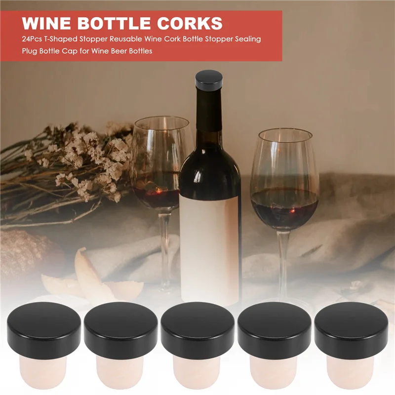 24Pcs T-Shaped Stopper Reusable Wine Cork Bottle Stopper Sealing Plug Bottle Cap for Wine Beer Bottles (Black)