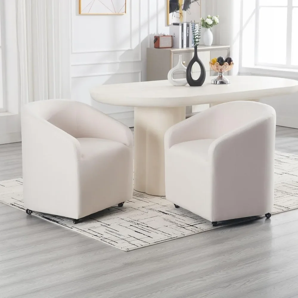 

2 piece modern upholstered dining chair with rotary casters, decorative side chair with linen barrel back, beige