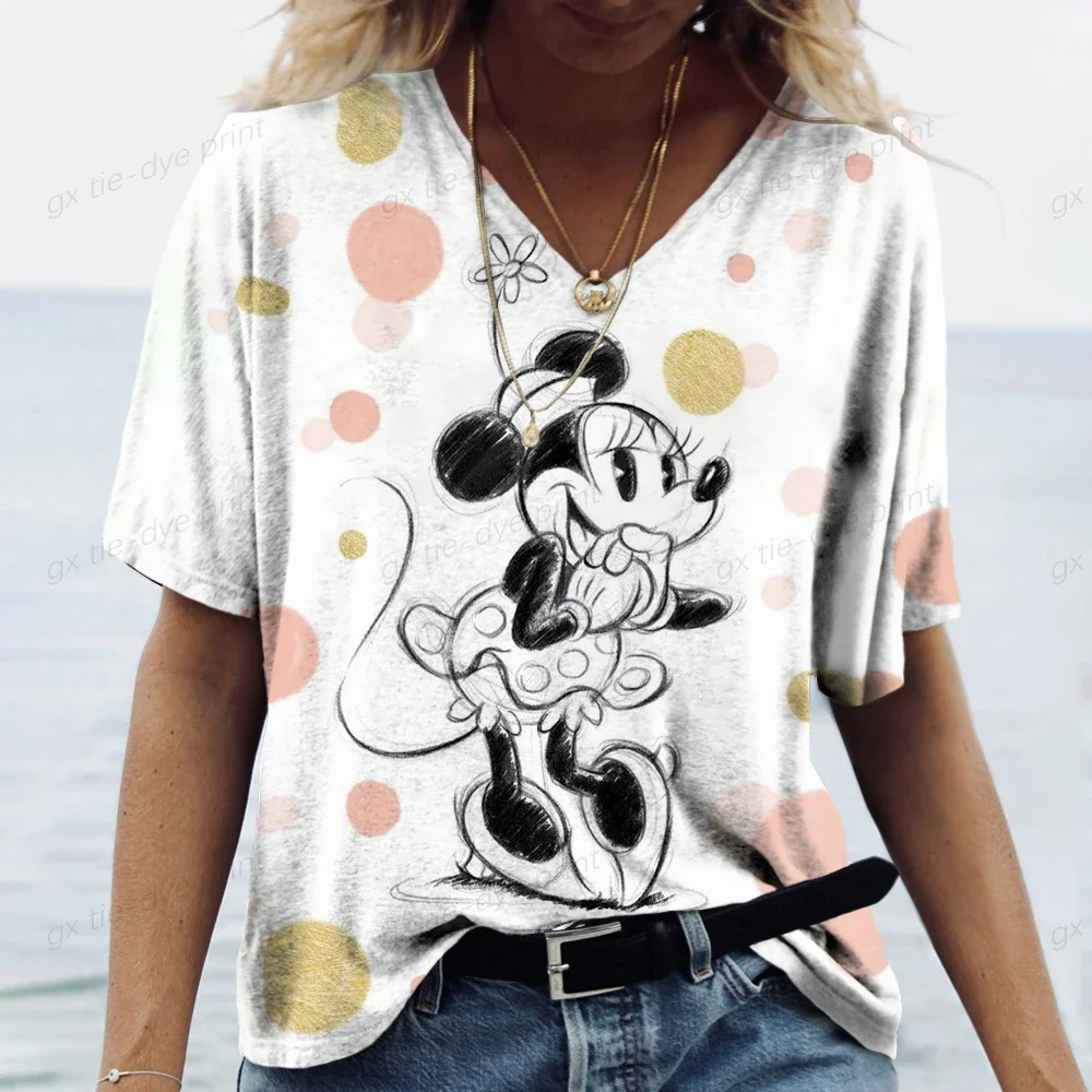 Vintage Women\'s T-shirt V-neck Fashion Top Disney Mickey Mouse Print Street Style Oversized Shirt Everyday Casual Short Sleeve T