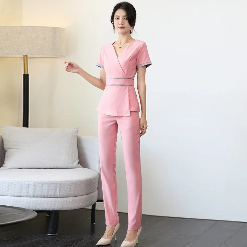 Prezzo all'ingrosso Set per scrub di bellezza Set uniforme da lavoro per hotel femminile Set per scrub Abito per massaggio ai piedi con scollo a V in due pezzi