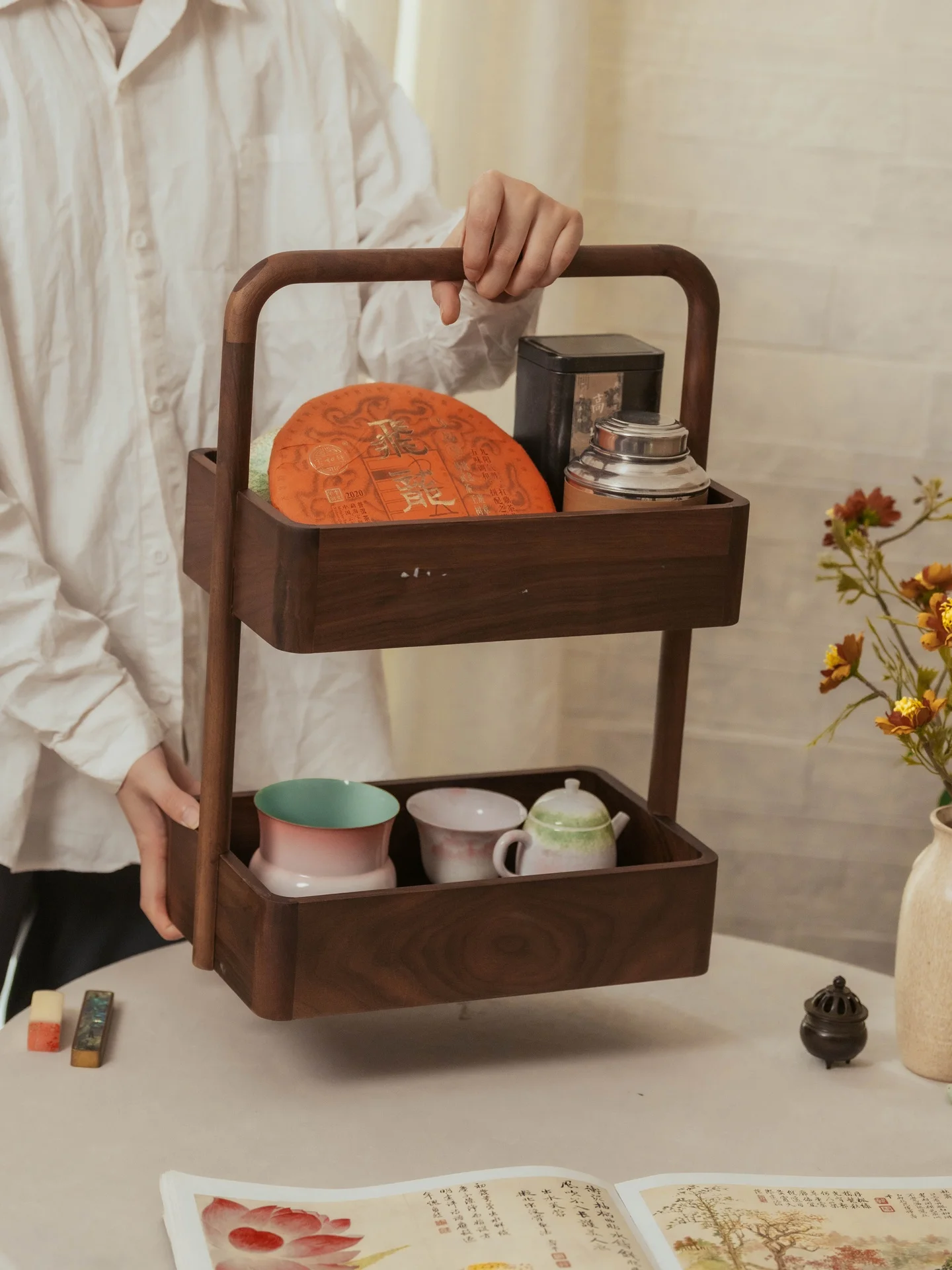 

Двухуровневая деревянная подставка для чайных сервизов и чашек, винтажный мобильный стоматологический шкафчик ручной работы с текстурой дерева