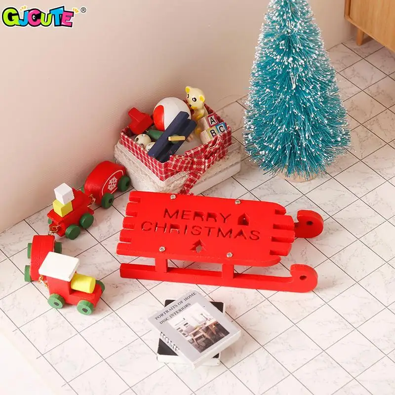 1:12 Dollhouse Miniature Wooden Sleigh Sledge Model Sled Ornament Christmas Scene Decor Toy Xmas Gift Doll House Accessories