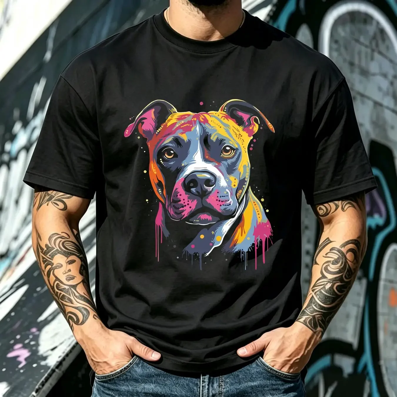 washed T Shirt Colorful American Staffordshire Terrier Amstaff Art Dog Face Size M 4XL vintage Washed Unisex Stylish streetwear