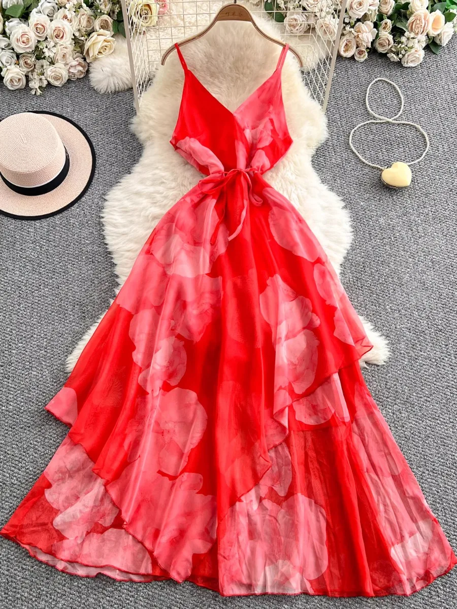 

Foamlina Seaside Vacation Red Print V-Neck Dress Women's Summer New Elegant Waist Irregular Big Swing Mesh Midi Dresses