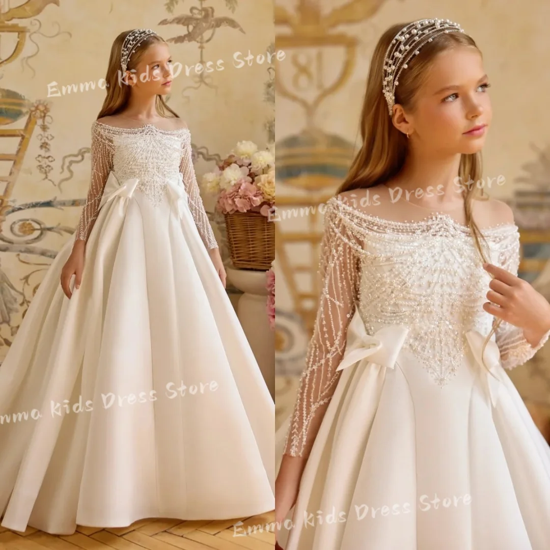 Custom Luxury White Pearl Beaded Flower Girl Dress Wedding Puffy Skirt First Communion Baby Girl Birthday Party