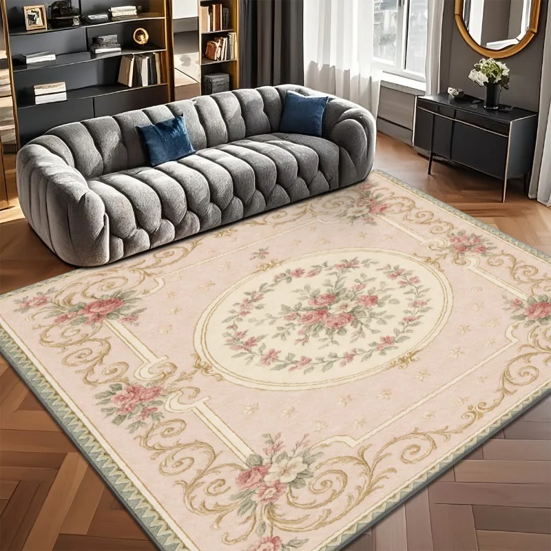 Elegant Vintage French Flannel Area Rug Blush Pink Floral Designs Non Slip Washable Floor Carpet for Living Room Bedroom Decor