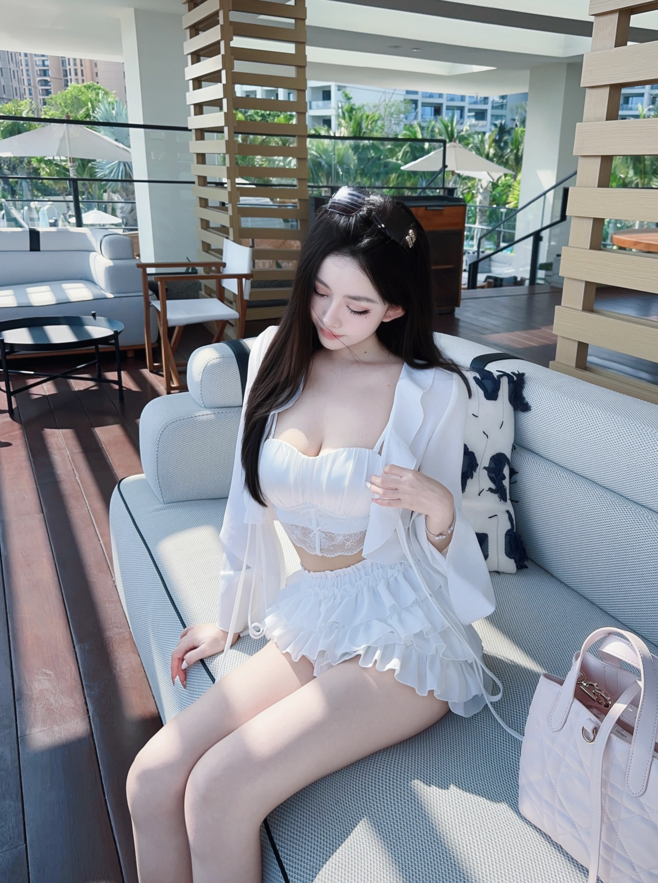 

Eva Sexy Long Sleeve Chiffon Blouse with Lace Trim Cardigan Top And Cake Skirt Pants Two Piece Set Women's Fashion Autumn Spr...