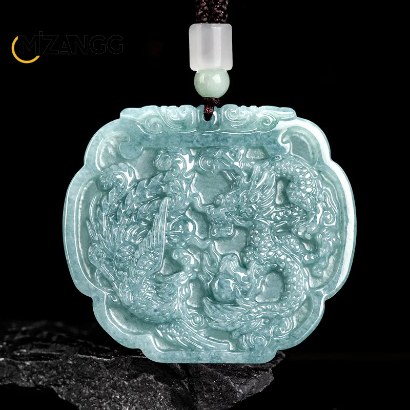 

Natural Jadeite Blue Water Dragon Phoenix Chengxiang Pendant Beautifully Carved Men and Women Luxury Charm Jewelry Holiday Gifts