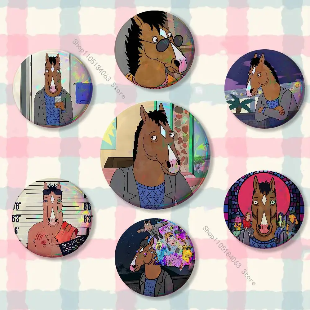 

Cartoon B-BoJack H-Horseman Reflective Pin Tinplate Round Brooch Cartoon Cosplay Badges for Bag Hat Toys Gifts