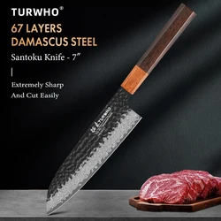 TURWHO 7 inch Damascus Steel Japanese Chef Knives Sharp Slicing Utility Kitchen Knives Cooking Tools Hand Forged Santoku Knife