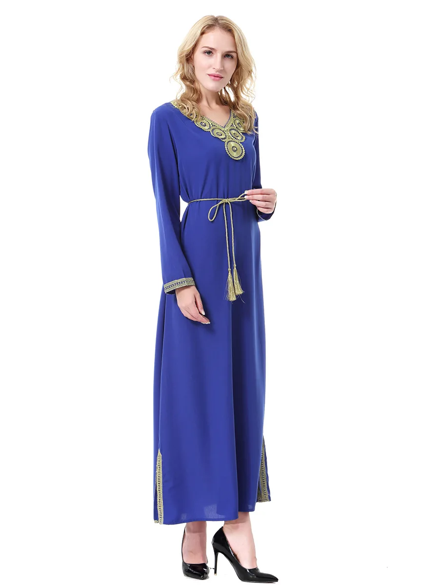 Robes de luxe brodées pour femmes musulmanes du moyen-orient, nouvelle mode décontractée, tendance, manches longues, col en v, vêtements féminins, 2025
