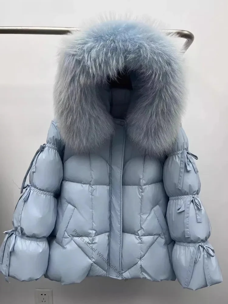 Down Jacket New Winter Large Real Fur Hooded Puffer Jacket Women Thick Warm Knitted Sleeve Coat White Goose Down Mid Long Parka