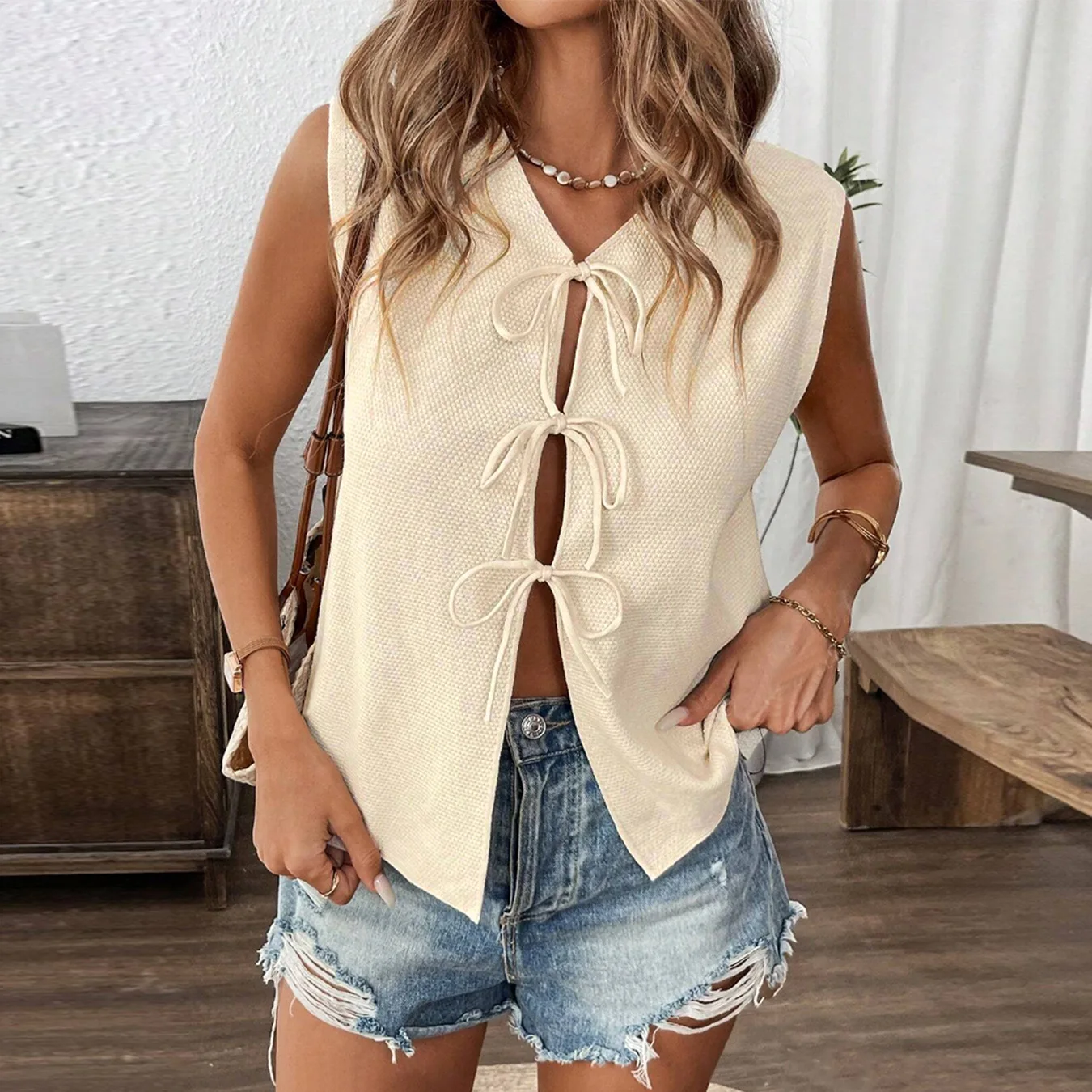 

Повседневный вязаный жилет Све, женский жилет с узлом и поясом, лето, Новое поступление, 2025 цветов, другие материалы, 00% женская куртка