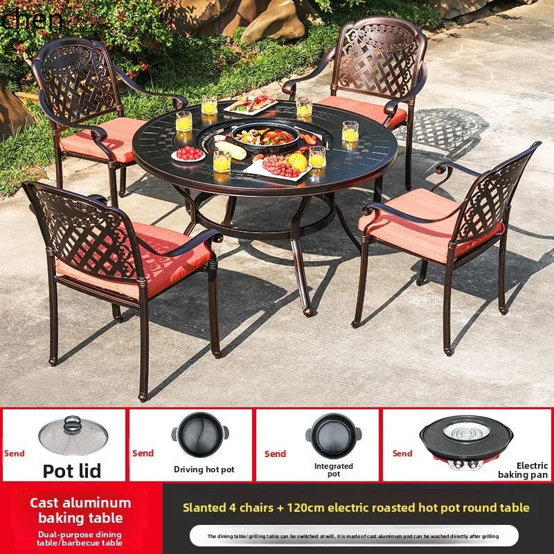 

QZT Outdoor BBQ Table and Chairs for Courtyard Garden Balcony Villa Home Use Open-Air Full Cast Aluminum Dining Set