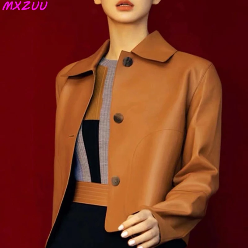 Damskie krótkie topy z owczej skóry Harajuku Fashion Jassen Dames Slim Jaqueta De Couro Legítimo kwadratowy kołnierzyk modny płaszcz Streetwear