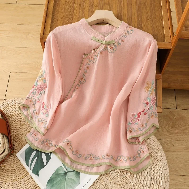 

Chinese Style Women's Shirt Summer Embroidery Vintage Blouses Loose Short Sleeve Women Tops Cotton Linen Clothing