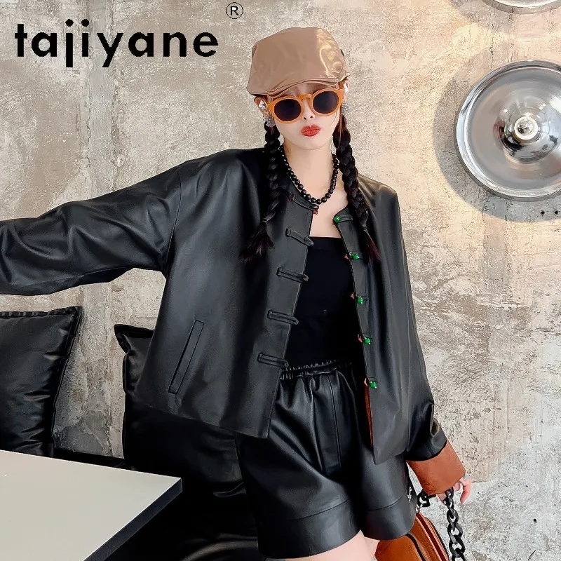 TAJIYANE Black Genuine Leather Jacket Woman Vintage Sheepskin Leather Coat Round Neck Jackets for Woman Short Outerwear Jaqueta