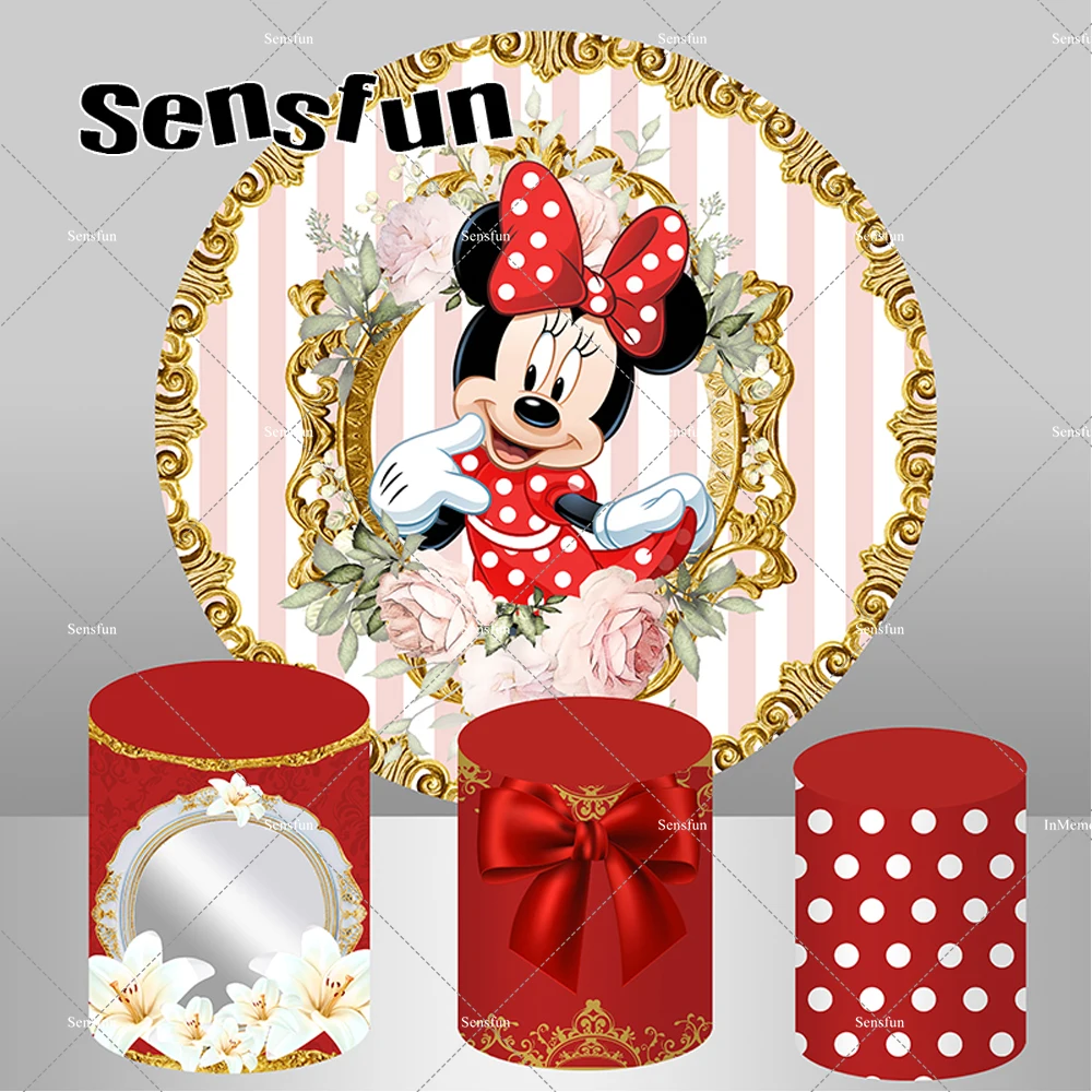 

Red Dance Minnie Round Backdrop Cover Gold Frame Flowers Girls Baby Shower Birthday Party Circle Background Pedestal Covers