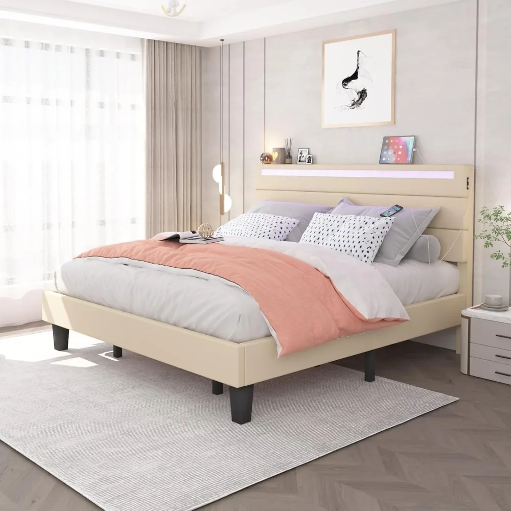 

Full Size Bed Frame with Headboard, LED Lights and Charging Station, Heavy Duty Wood Slats, Linen Upholstered Platform Bed Frame