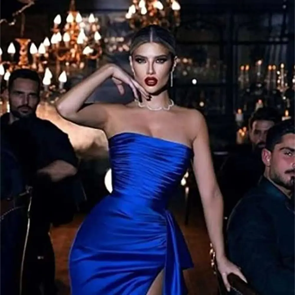 Vestidos de baile sem alças com fenda para mulheres, cetim plissado, vestidos formais de noite, azul royal, 2023