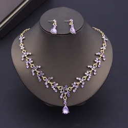 Luxury Purple Crystal Bridal Jewelry Sets for Women Earring Wedding Choker Necklace Set Bride Jewelry Sets Accessories
